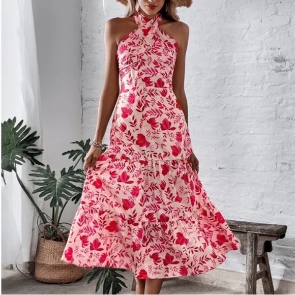 Dresses & Skirts - Boho pink floral print ruffle hem halter maxi dress
